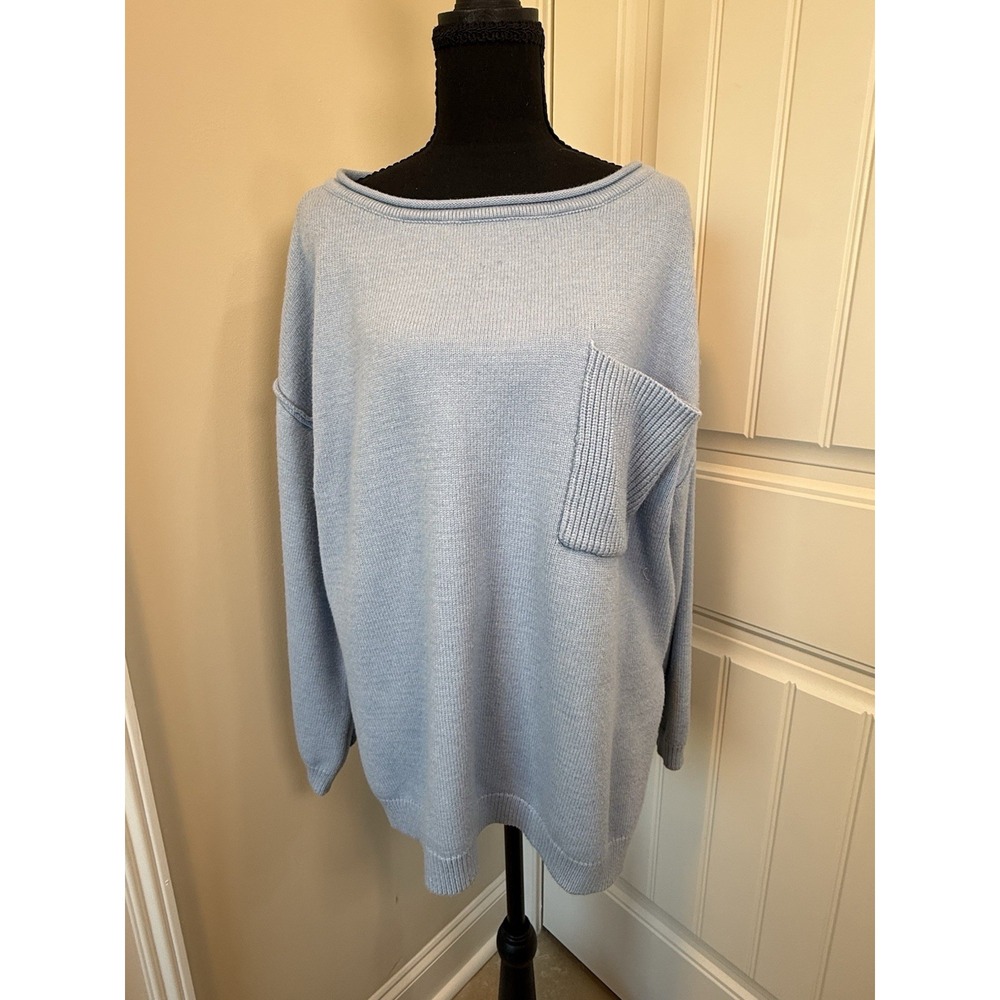 Women's Baby Blue Oversized Knit Sweater Boat Neck Pocket Casual Size Large